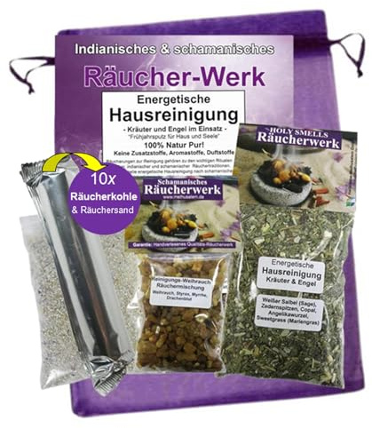 Negative Energien AUSRÄUCHERN 5-TLG Räucher Set ENERGETISCHE HAUSREINIGUNG zum räuchern mit WEIHRAUCH + weißer Salbei + MYRRHE + Styrax UVM. Mit Räucherwerk + Räucherkohle + ZUBEHÖR. 81043-RWR