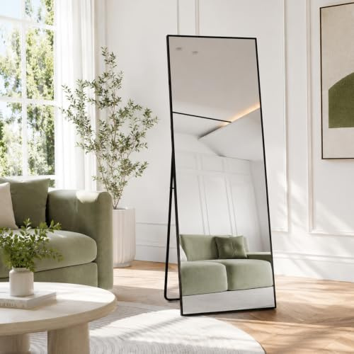 Beauty4U Specchio a figura intera, 140 x 50 cm, autoportante, da appendere o appoggiare, grande specchio da pavimento con cornice in lega di alluminio nera, per soggiorno o camera da letto