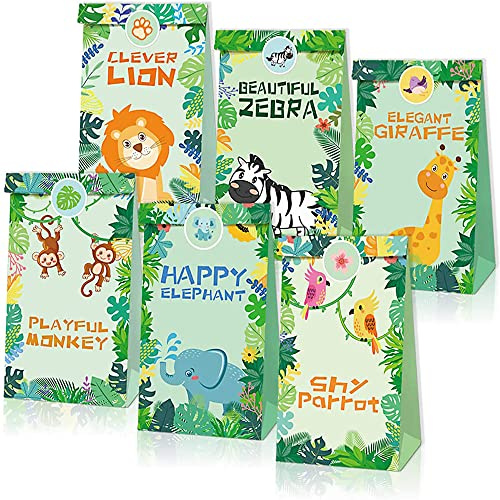 12 Stück Papiertüten, Papier Geschenktüten, Jungle Animal Party Favor Bags, Klein Partytüten für Kinder, Tierthema, Geburtstagsfeier, Tierparty, Babyparty, Hochzeit (Grün)
