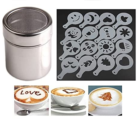 1 espolvoreador de cacao - 1 lápiz barista de 16 piezas / juego de café dibujo capuchino forma fantasía, café impresión modelo espuma espray, molde de azúcar en polvo colador