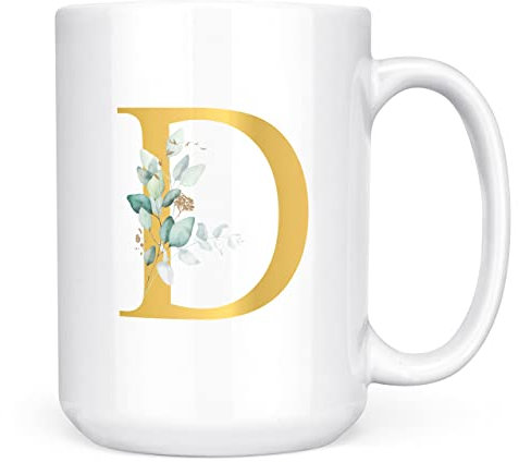 Tazza personalizzata con lettera D floreale iniziale, regalo personalizzato, lettera stampata effetto oro, non metallica, tazza da caffè in ceramica per uomini o donne, tazza extra grande e gigante,