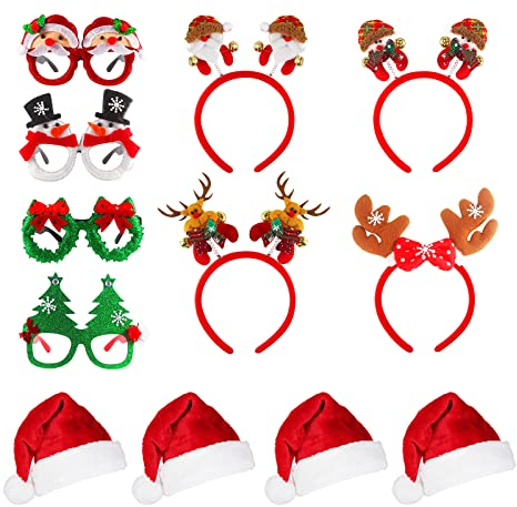 OPUHOHR 12PCS Weihnachten Brille Stirnband und Weihnachtsmützen Set, Weihnachtsfeier Brillengestelle, Haarschmuck Weihnachten Geeignet für Erwachsene und Kinder Weihnachtsfeier, Maskerade, Karneval