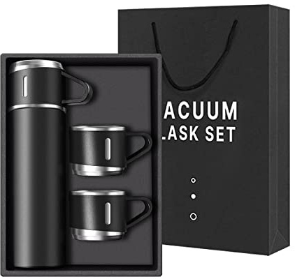 Bouteille isotherme à café en acier inoxydable avec tasse pour boissons chaudes et froides, tasse de voyage (noir, trois tasses) 500 ml