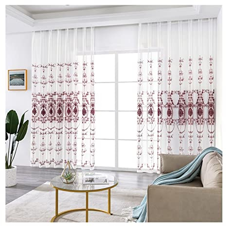 Aotiwe Vorhänge Transparent, Vorhänge Vintage Vintage Muster Weinrot Baumwolle Leinen Polyester 2 Stücke 107X138cm