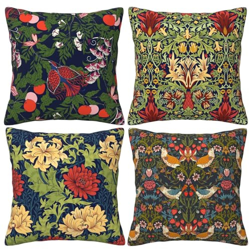 LOHDALOLF William Morris kuddfodral 45 x 45 cm set med 4 vintage blommig jordgubbstjuv kuddfodral orm huvud dekorativa kuddöverdrag för soffa soffa soffa