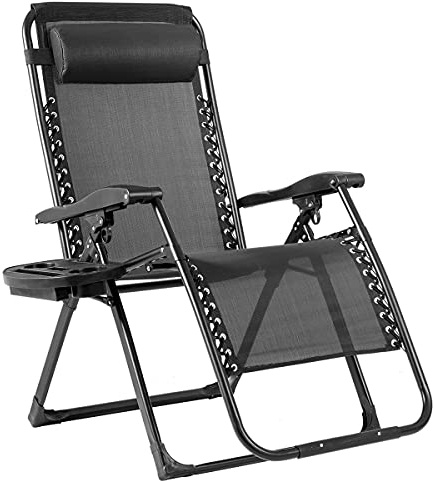 COSTWAY Folding Zero Gravity Chair, Oversized Patio Recliner Sun Lounger with Removable Pillow and Side Tray, Portable Outdoor Chaise Lounge for Garden Deck Poolside Beach (1, Black)