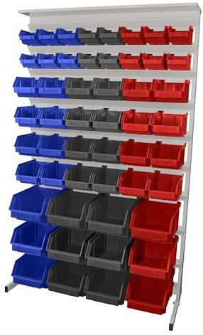 LEOMAR Werkstattregal, Einseitig mit 52 Stapelboxen, Freistehend & Gebrauchsfertig, Regal für Werkstätten & Produktionsfirmen, Lagersystem mit Sichtlagerkästen, 40 x 94 x 156 cm, Blau, Aschgrau & Rot