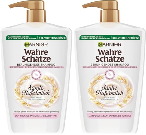 Garnier Wahre Schätze Beruhigendes Shampoo Sanfte Hafermilch, XXL Formal 1L, für empfindliches Haar und sensible Kopfhaut, 1000 ml (Packung mit 2)