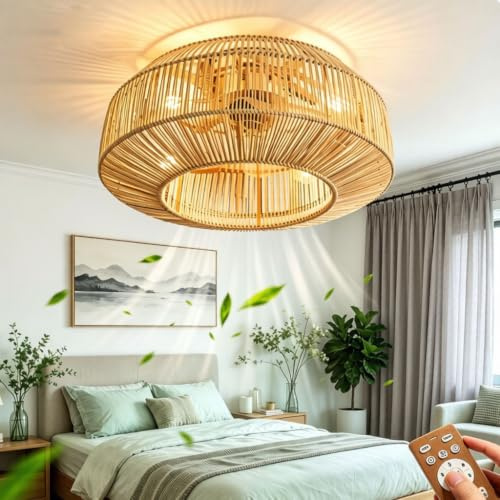DHGIE Lampe De Ventilateur Retro Bamboo Ceiling Light Ventilateurs De Plafond Avec Et Télécommande Réversible Silencieux Avec Lumière 6 Niveaux De Vitesse Du Vent Lumière Réglable Avec Ventilateur