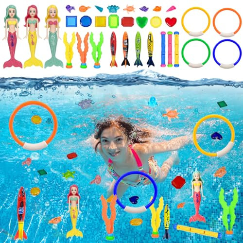 33Pcs Kids Swimming Pool Diving Toys Water Sinkies Paddling Pools Swim Party Games Small Sinky for Childrens Toddler Girls Boys Sinkers Toy Dive Sticks Mermaid Gems Rings Rocket Torpedo Seagrass