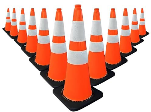 75CM Unbreakable Traffic Cone - Orange | 30 Inch Road Safety Cone with Weighted Base | High-Visibility Reflective Street Cone | Portable, Wind-Resistant Traffic Cone with Black Base - 12 Cones