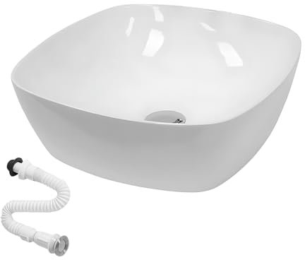 MAGIC SELECT Lavabo in Ceramica, Lavabo da Appoggio Bianco, Lavabo Sospeso Bagno Antimacchia, Facile da Pulire con Attacchi Standard. Ideale per Cucina o Bagno. (40x40x14 CM)
