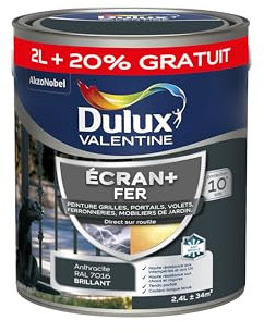 Dulux Valentine Peinture Ecran+ Fer Intérieur/Extérieur - Haute résistance aux intempéries, aux UV, chocs et rayures - Gris Anthracite 2 L + 20% gratuit