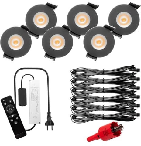 S-Polytec PREMIUM Mini LED- Einbauspots Warmweiss 3.000K, DIMMBAR, IP65, FUNK 3W Einbaustrahler Terrassenüberdachung, Bad, Sauna mit Fernbedienung (ANTHRAZIT, 6x LED-SET)