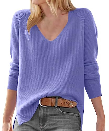 BIISDOST Maglione da donna a maniche lunghe, collo alto, in Lana Merino, Maglione invernale a maglia fine, Tinta unita, Morbido, Scollo a V, Lilla 1, XL