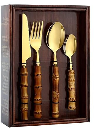 WOTZOV Besteckset, 24-teilig, Besteckset aus Edelstahl mit Bambusgriff und Steakmessern, Besteckmesserset, Dessertlöffel und Gabel in schöner Box,24PCS Gold