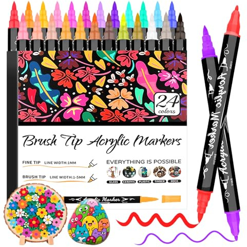 Funnasting Acrylic Paint Pens, 24 Colours Dual Tip Paint Markers, Acrylic Pens with Fine & Brush Tip for Glass, Fabric, Ceramic, Egg, Rock Painting