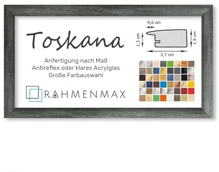 RahmenMax® Toskana Bilderrahmen Bildmaß 40x100 cm zum Aufhängen/Maßanfertigung möglich/MDF Posterrahmen in Grau gewischt mit Acrylglas Antireflex/Puzzle Rahmen