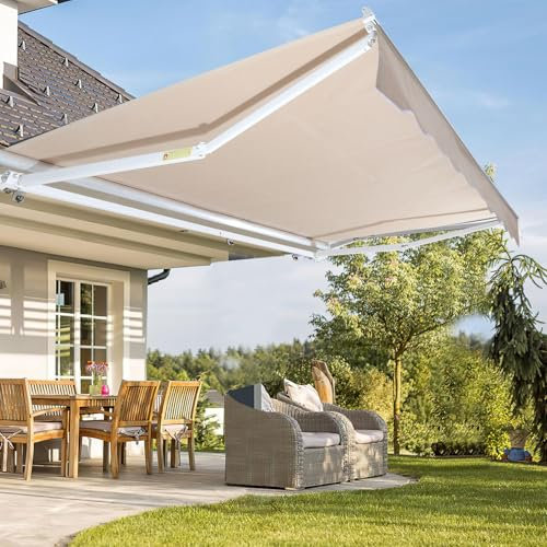 Fiqops Tenda da sole manuale con braccio snodato, 350 x 300 cm, con manovella, anti UV e impermeabile, in alluminio/poliestere, per balcone, terrazza, giardino, beige