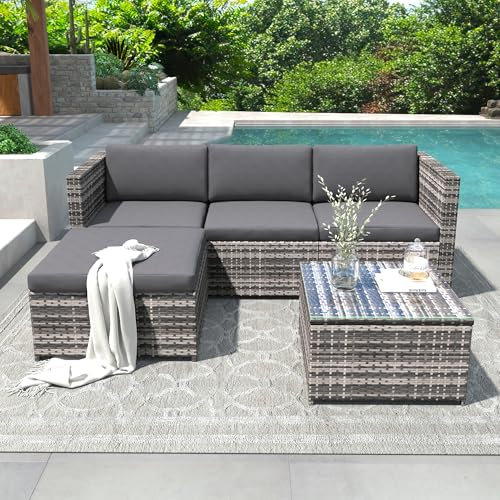 YuQozii Polyrattan Lounge-Sofagarnitur, Gartenmöbel, Ecksofa, Couchgarnitur mit Sitz- und Rückenkissen, Lounge-Tisch mit Glasplatte, Grau
