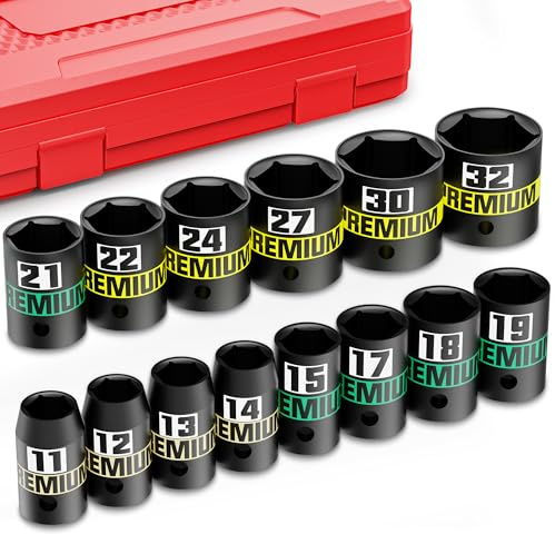 Aurlloct Jeu de 14 Douille a Choc 1/2, 11-32 mm Lot de Douilles Courte, pour Réparation de Voiture et Maintenance Industrielle