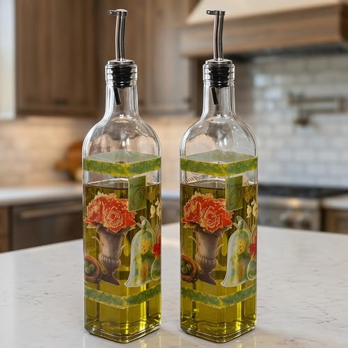 DUSVALLY 2 Pack Glass Olive Oil Dispenser Bottles, 500ml Floral Design | Oil and vinegar bottle set with stainless steel pourers, clear glass bodies and vintage floral artwork for cooking or serving