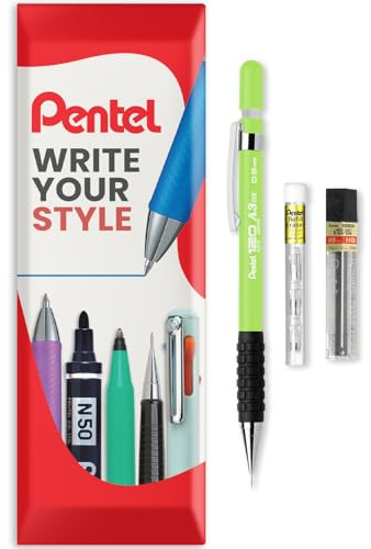 Pentel 120 Series Automatischer Druckbleistift A315 + 12 HB-Minen + Tube Radiergummi-Nachfüllminen – in Kissenverpackung – 0,5 mm – Hellgrün