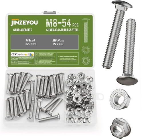 Tornillos de cabeza redonda plana con tuercas hexagonales, 54 unidades, M8 x 40 mm, acero inoxidable