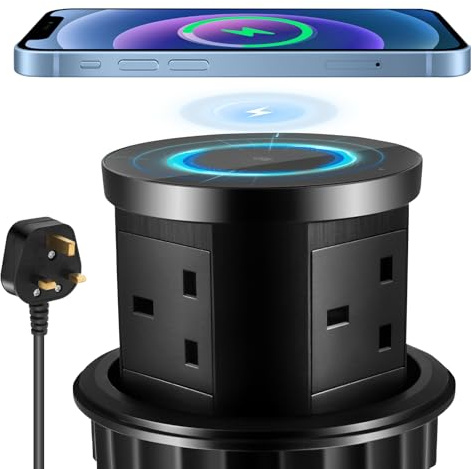 Pop Up Socket, Pop Up Sockets for Kitchen Worktops with 15W Wireless Fast Charger Hidden Power Strip 3 UK Plug Touchscreen Automatic Pop-up Extension Socket 1 USB-A 1 USB-C for Home Office Desktop