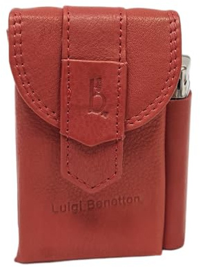Luigi Benetton Étui à cigarettes en cuir véritable, double bouton, porte briquet latéral, dimensions 10 x 6,5 x 3 cm, avec boîte cadeau Art. 3176 (rouge)
