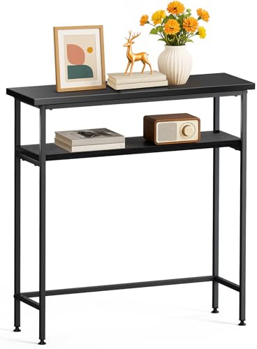 VOUNOT® Mesa de Consola Estrecha 2 Niveles 80x24x80cm Mesa Auxiliar Entrada con 2 Estantes Metal y MDF Mesita Exposición Extremo de Sofá Diseño Industrial para Recibidor Salón Pasillo Dormitorio Negro