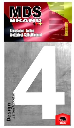MDS Brand Design 20cm Zahlen Aufkleber | Selbstklebende Hausnummern zum aufkleben | Klebezahlen für Mülltonne, Briefkasten, Hausnummer & Auto | Optimal für Außen & Innen (Weiss, 4)