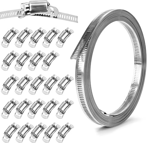 Yesaler Collier de Serrage Sans Fin en Acier Inoxydable 304 Bande Perforée 9m avec Fixation 24 Pièces Colliers de Serrage Réglable pour Tuyaux