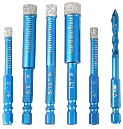 Jecdfs broca porcelanico,Set de Brocas de Diamante 6 Piezas con Vástago Hexagonal – Brocas de 6/8/10/12mm + Broca de Carburo de 6mm para Cerámica, Vidrio, Porcelana, Azulejos, Ladrillo y Mármol