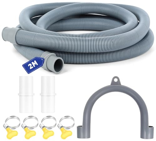 2 Mètres Rallonge Tuyau Machine à Laver, Rallonge Tuyau Lave VaisselleUniversel, Tuyau de Vidange pour Lave-linges Sèche-linges, avec 2 Connecteurs et 4 Colliers de Serrage