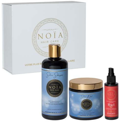 NOÏA HAIR – Trio Capillaire Professionnel SILVER – Shampoing 500ml + Masque 500ml + leave in 100ml – Anti-Jaunissement – Cheveux Blonds, Décolorés, Gris ou Blancs – Neutralisation des Reflets