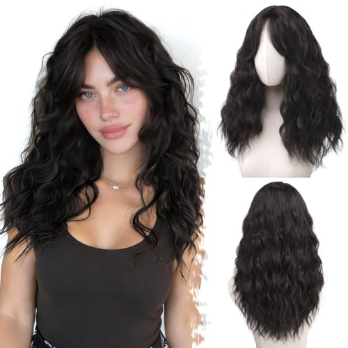 BARSDAR Gewellt Braun Perücken, Mittel Lange Lockige Gewellt Dunkel Braun Perücke für Frauen 50cm Weiche Wave Perücke mit Face-Framing Curtain Pony Synthetische Natürlich Aussehend Perücken Party