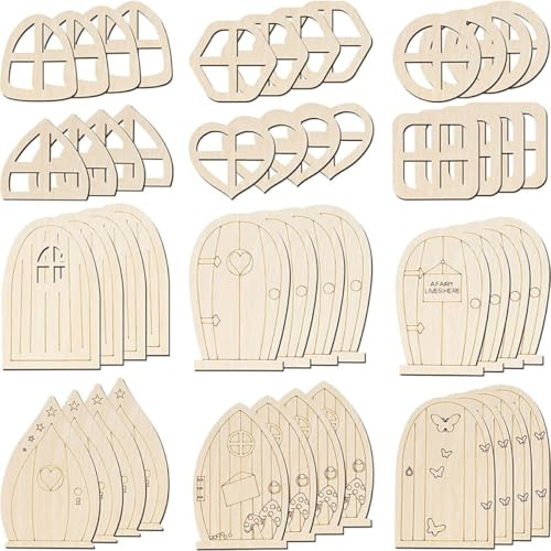 HOMSFOU Puertas de Hadas de Madera sin Pintar 48 Piezas para Manualidades DIY, Ventanas y Puertas Miniatura para Decoración de Jardín y Casa de Muñecas