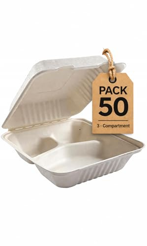 50pcs Eco-Friendly Clamshell Takeaway Boxes, 9x9 inch 46oz / 1300ml, 3 compartments, Made from Natural Sugarcane Pulp, Disposable Food Container, Compostable Biodegradable 50 Pack 9 x 9
