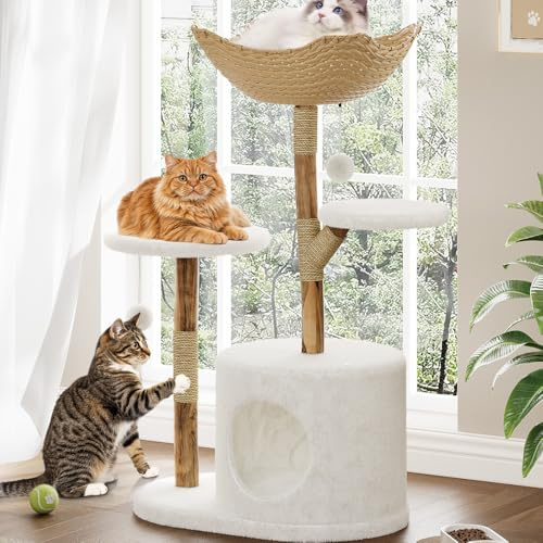 GarveeHome Árbol Rascador Moderno para Gatos Grandes – Madera De Lujo – Postes Rascadores, Plataformas, Cesta De Mimbre y Cama Elevada – Ideal para Múltiples Gatos De Interior, Two Branch