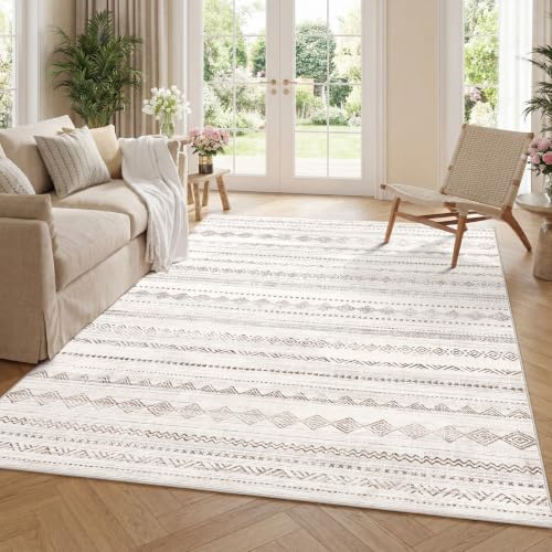 FairyStyle Abstract Large Rugs Living Room Washable Camel 160 x 230 cm | Boho Geometric Striped, TPR Non Slip, Spill Repellent, 0.5cm Low Pile, Faux Wool, for Dining Room, Hall, Bedroom, Home Decor