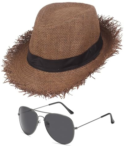 RQcMid Strohhut Herren Damen Mit Sonnenbrille, Strohhut Gärtner, Hawaii Hut, Geflochtener Ausgefranster Sommerhut für Strand Garten und Outdoor-Aktivitäten