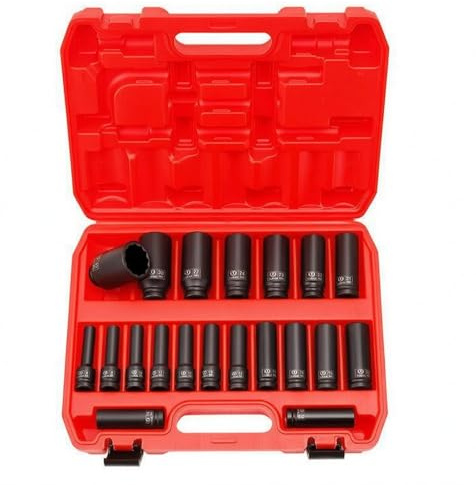 Qianly 20 Pieces Dados Impacto 1/2 Pulgada Estuche Rígido Llaves Tubo Profundo Ranura Fija Equipo Manual, Juego De 20 Piezas De Vasos De Impacto De Flor 8-32 Mm