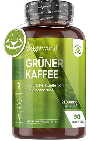 Grüner Kaffee Kapseln 21.000mg - Grüner Kaffeebohnen Extrakt - 90 Kaffeepulver Kapseln - Natürliche Quelle der Chlorogensäure (CGA) - Green Coffee von WeightWorld