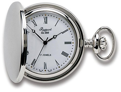 Rapport Full Hunter fickur 48 mm – Silverfärgat mekaniskt fickur, klocka i vintagestil med 17 juveler, urtavla med romerska siffror och matchande kedja för formellt bruk