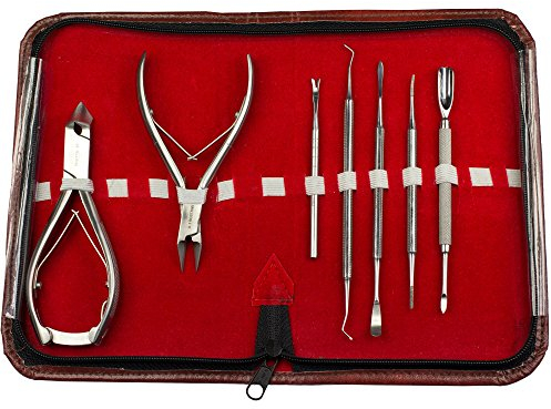 Pediküre-Set - Nagelpflege Etui aus Kunstleder - Farbe: Rot - 7-teilig - Nagelzange - Nagelschere - Hautschere - Nagelfeile - Eckenfeile - Nagelhautschieber