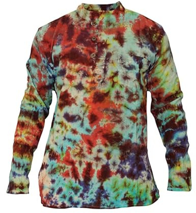 SHOPOHOLIC FASHION Herr batikfärgad hippie farfar skjortor handgjord bomull vardaglig långärmad boho-skjorta, Marmor batikfärg, XXL