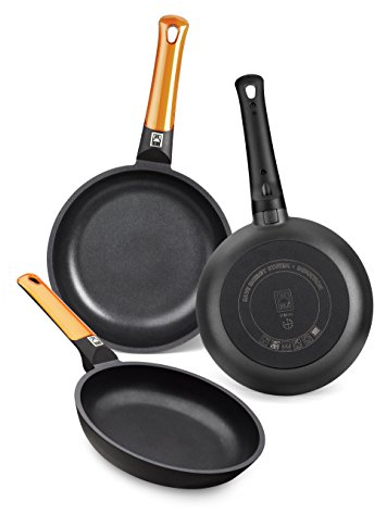BRA Efficient Orange | Set di 3 padelle in alluminio pressofuso con antiaderente teflon platinum plus Moderno 18-22-26 cm nero