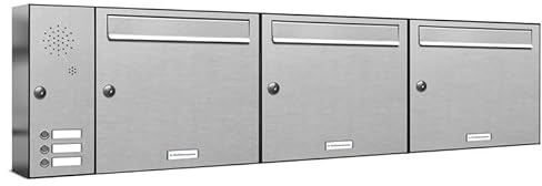 AL Briefkastensysteme 3er Briefkastenanlage mit Klingel, V2A Edelstahl, Premium Briefkasten DIN A4, 3 Fach Postkasten modern Aufputz