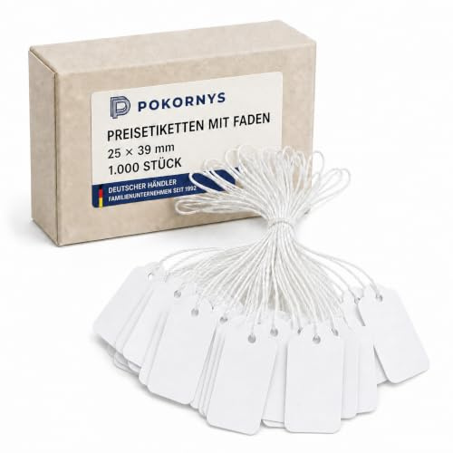 POKORNYS - 1.000 blanko Preisetiketten mit Faden (25 x 39 mm) weiß I Etiketten zum Beschriften I Preisschilder aus Karton mit Baumwollfaden I Anhänger, Hängeetikett, Geschenkanhänger für Kleidung uvm.